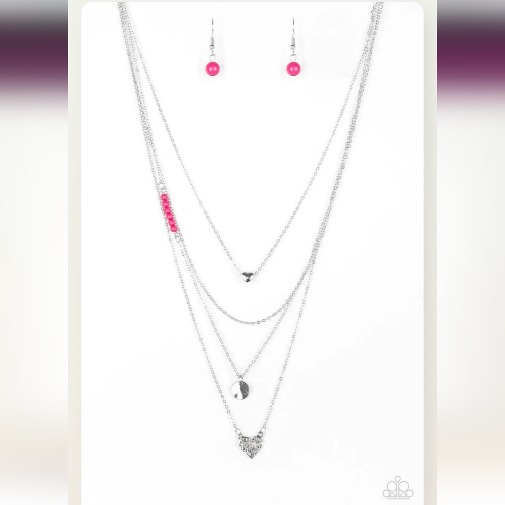 Paparazzi Silver and Pink Necklace Set Gypsy Heart Pink Layeted Fashion Jewelry